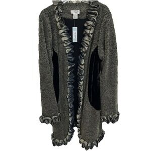 Aris A Duster Cardigan Gray Knit Velvet Accents Satin Ruffles XL Y2K Cottage NWT